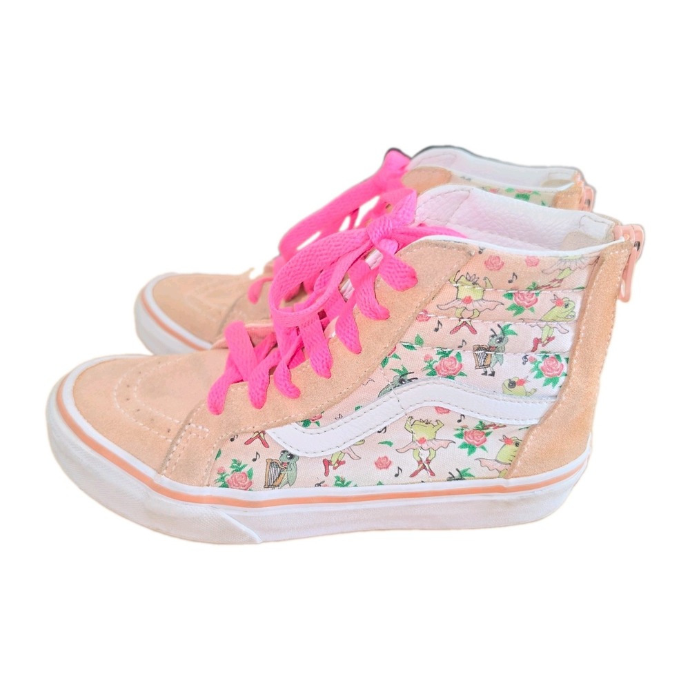 Vans Sk8 Hi top, Zip Sneakers, Pink  Frog Princess Pattern ShoesJuniors Size 2